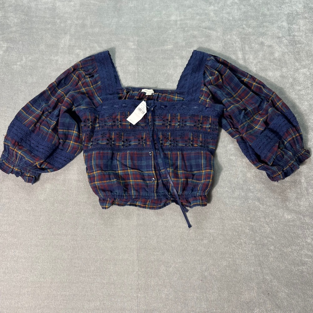 American Eagle Plaid Crochet Lace Eyelet Puff Sleeve Crop Top Navy Blue L NWT